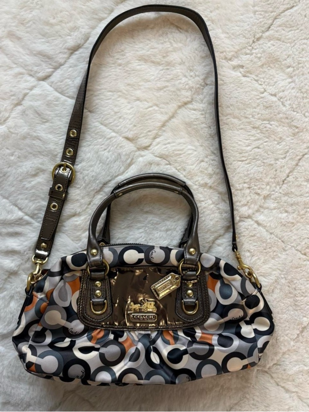 Vintage Coach Op Art Print Shoulder Bag Crossbody Y2K Satin Patent Leather